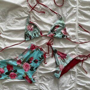BACIRUBATI Vintage Turquoise Rose Pattern Bikini Set